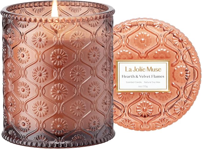 LA JOLIE MUSE Christmas Candle | Hearth & Velvet Flames | Saffron, Clove & Vanilla | 6 oz Natural Soy Wax | 40-Hour Clean Burn | Christmas Gift for Women & Family