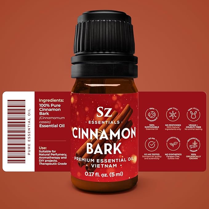 Cinnamon Bark Essential Oil –Vietnamese– 100% Pure & Undiluted – Warm, Rich Aroma with Sweet Undertones – Perfect for Diffuser, Aromatherapy & DIY Blends – Therapeutic Grade, Vegan (5mL)