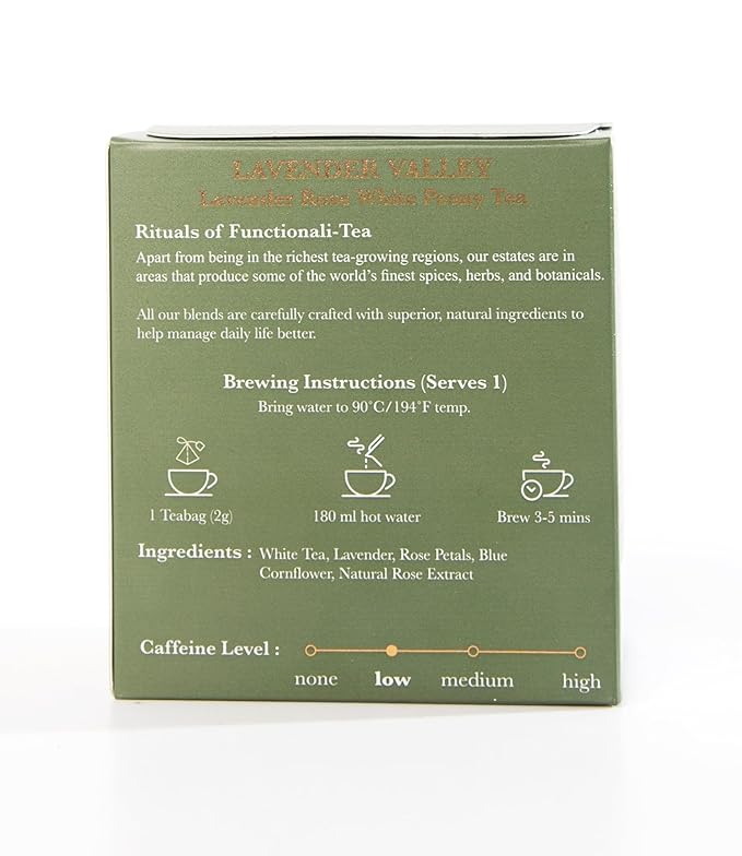 Luxmi Estates Lavender Valley Organic Lavender Tea (25 Tea Bags) Low Caffeine Tea Bags For Sleep, Relaxing, Calming, and Stress Relief, With Certified Organic Darjeeling Makaibari White Tea