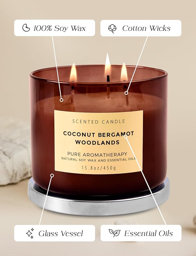 Coconut Bergamot Woodlands 3 Wick Soy Scented Candle 15.8 oz | Creamy Coconut & Balsam Woods Candle for Home | Aromatherapy Stress Relief Candle for Men & Women | Long Lasting 3 Wick Soy Candles