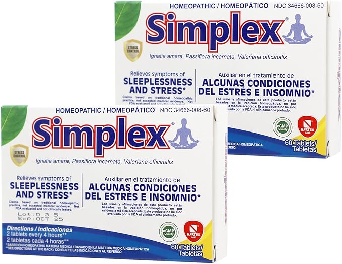 Simplex Homeopathic Sleep Aid, Natural Stress Relief Tablets 2-Pack