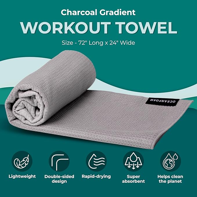 Oceanfoam Beach Towel – Lightweight, Absorbent, Quick-Drying, Sand-Resistant, Non-Slip – Ideal for Workouts, Yoga, Pilates, Beach, Pool, Boat & Travel – 25% Recycled – 72"x24" (Charcoal Gradient)