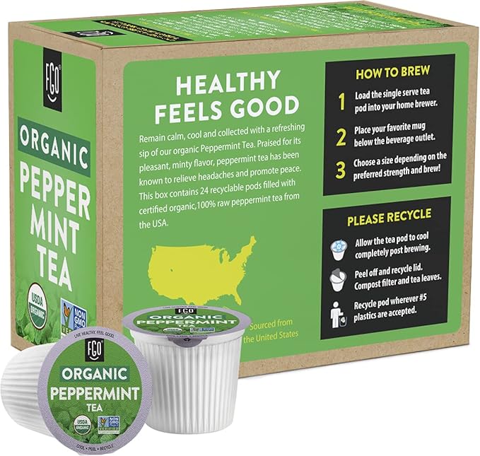 FGO Organic Peppermint Tea K-Cup Pods for Keurig, 24 Count (Pack of 1), Naturally Caffeine-Free Herbal Tea, USDA Organic, Non-GMO, & Recyclable