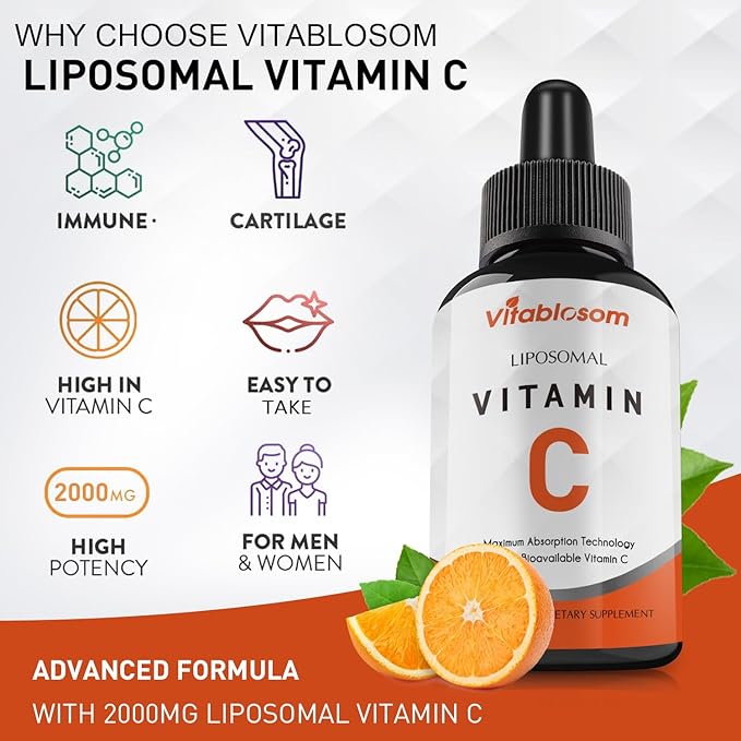 Liposomal Vitamin C 2000mg Liquid for Adults, High Absorption VIT C, Maximize Vitamin C, Immune System & Antioxidant Support, 60ML (2 Bottle)