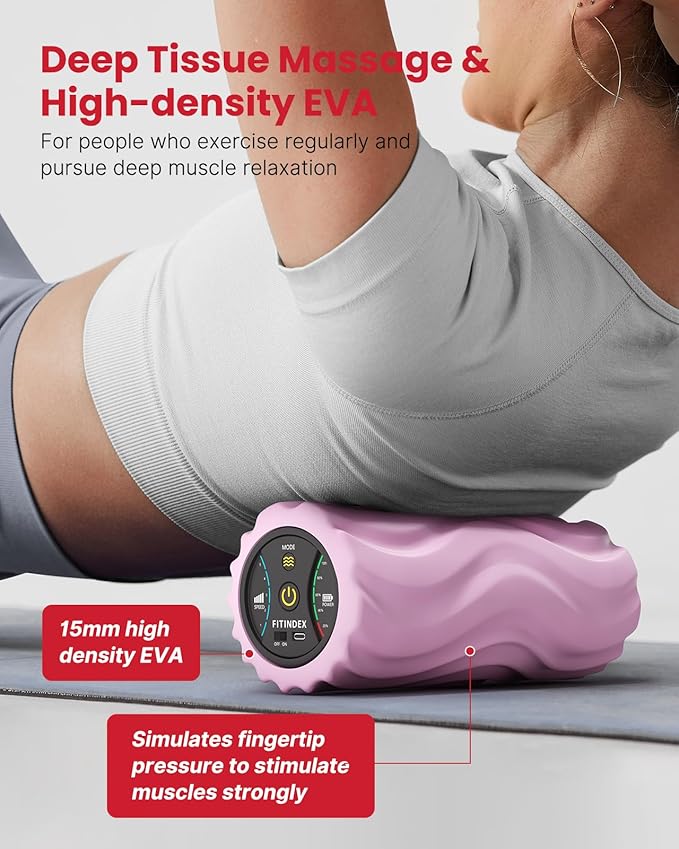 FITINDEX Vibrating Foam Roller for Back Pain, 5-Speed Foam Roller Muscle Massage, Exercise, Yoga, Muscles Deep Tissue, Pilates, Physical Therapy, Recovery, Neck, Leg, Rechargeable, Pink