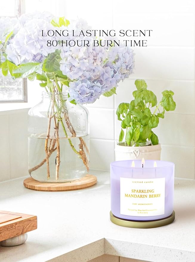 Sparkling Mandarin Berry 3-Wick Scented Soy Candle 15.8 oz | Large Citrus & Fruit Candle for Home Relaxation | Aromatherapy Stress Relief Candles | Long-Lasting Clean Burn