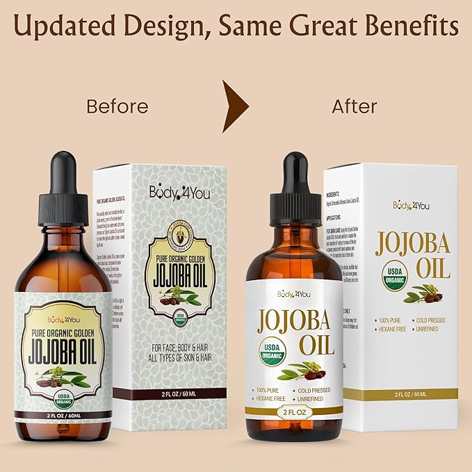 BodyJ4You Organic Jojoba Oil for Skin - USDA Organic 100% Pure Natural - Face Skin Gua Sha Facial Dermaplaning Hair Scalp Massage - Unrefined Cold Pressed Hexane Free - Base Carrier Wax - 2 Fl Oz