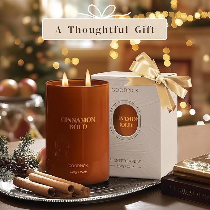 Goodpick Cinnamon Bold Scented Soy Candle, 22oz Long Burning 120H, Warm Spicy Vanilla Clove Gourmand, Home Aromatherapy Candles