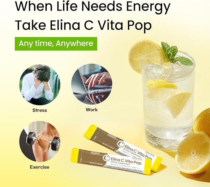Vita Pop Korean Vitamin C Powder 2,000mg High Absorption for Daily Immune Support, Zero Sugar, Vitamin D & Biotin for Skin, Lemon Vitamin C Drink Korean Health Supplement, Non-GMO, 30 Packets