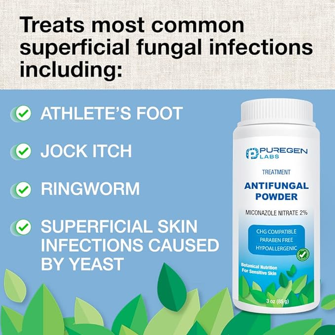 Puregen Labs Antifungal Powder with 2% Miconazole Nitrate for Common Fungal Infections Including Athlete’s Foot, Jock Itch and Ringworm, Talc Free, 3 oz (85g)