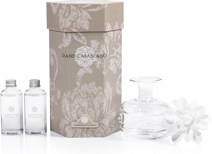 Zodax Grand Casablanca Porcelain Oil Diffuser - Home Fragrance Oil Diffuser Ideal for Living Room, Bathroom, Office - Flower Design - Gift Box Packaging Included - Casablanca Lily - 6.76 Oz.