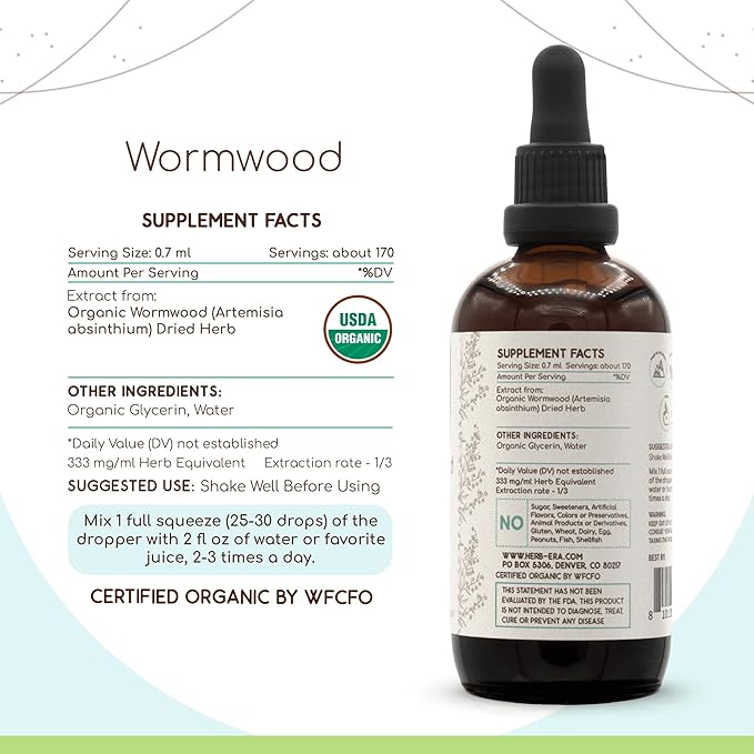HerbEra Wormwood B120 USDA Organic Tincture | Alcohol-Free Extract, High-Potency Herbal Drops | Certified Organic Wormwood (Artemisia Absinthium) Dried Herb (4 oz)