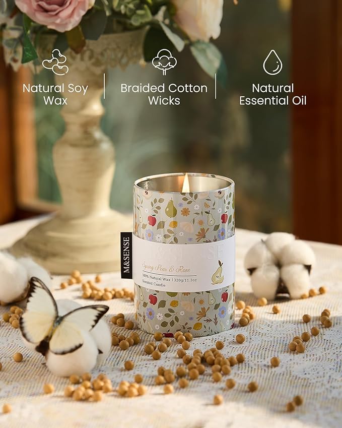 M&SENSE Spring Pear Rose Scented Candle, Medium Jar Candle 11.3oz Natural Soy Wax for Home Scented, Floral Candles Gift for Spring Holiday, Up to 70 Hours Burning Long-Lasting Fragrance