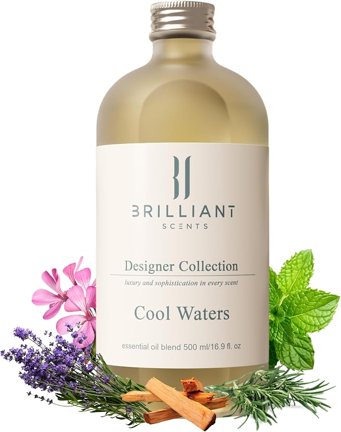 Brilliant Scents Cool Waters Fragrance Oil 120ml - Premium Diffuser Oil for Home, Office, Hotels - Long Lasting, Plant-Based, Meets IFRA Standards, USA-Made - Mint, Lavender, Tobacco