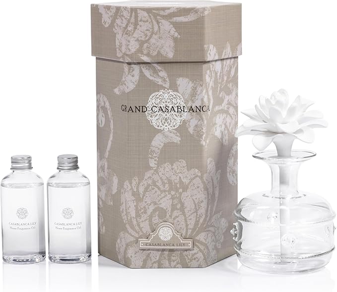 Zodax Grand Casablanca Porcelain Oil Diffuser - Home Fragrance Oil Diffuser Ideal for Living Room, Bathroom, Office - Flower Design - Gift Box Packaging Included - Casablanca Lily - 6.76 Oz.