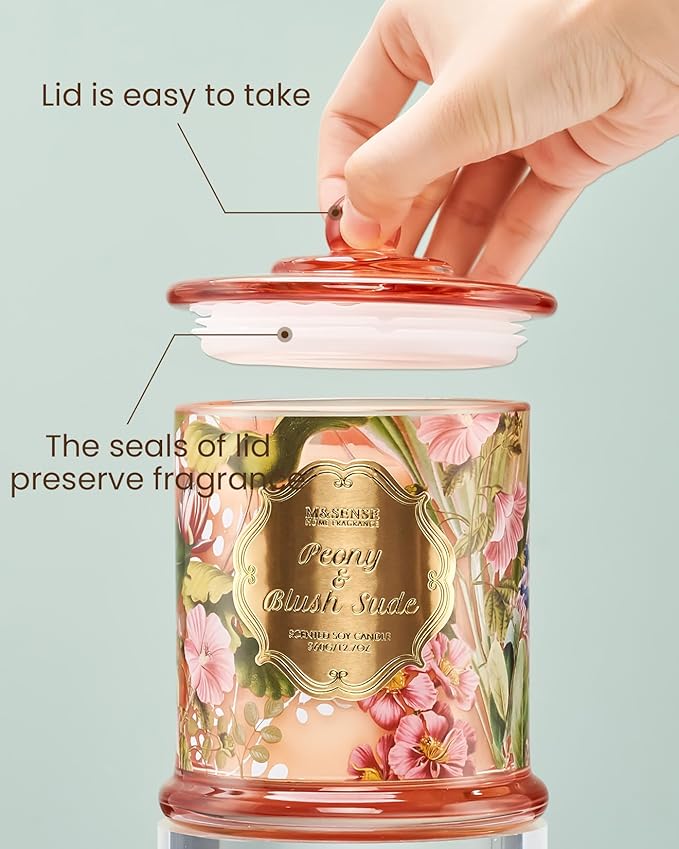 M&SENSE Peony Candles Home Scented, Organic Soy Candle 12.7oz 75 Hour Long Lasting Slow Burning, Spring Floral Fragrant Relaxing Aromatherapy Candle, Aaesthetic Candle Gift for Women