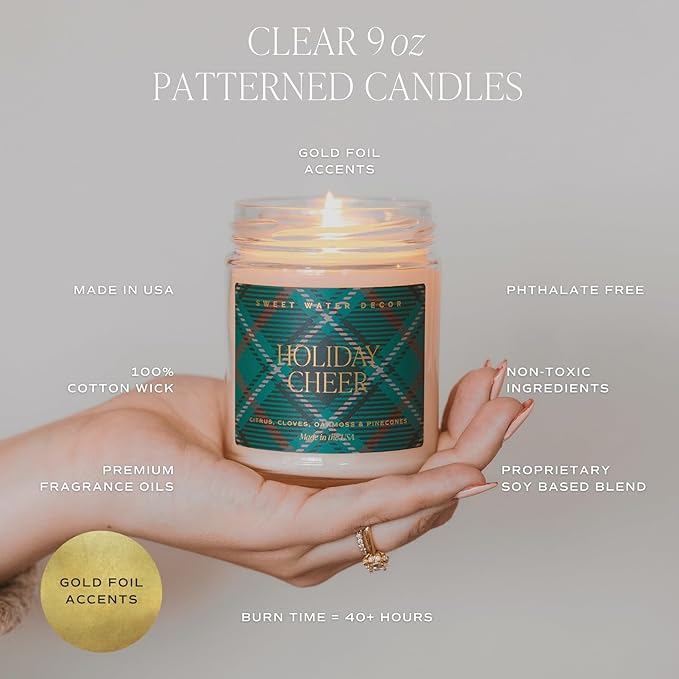 Sweet Water Decor Christmas Tree Candle - Spruce, Pine Needles and Evergreen Candles Scented Soy Candles for Home - Christmas Candle 9oz Clear Jar, 40 Hour Burn Time, Made in The USA
