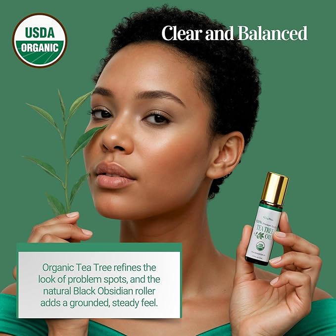 BodyJ4You Tea Tree Essential Oil Roller - Pure 100% USDA Organic MCT Coconut Oil - Natural Black Obsidian Stone Roller - Blemish Spots Clarify Cuticle Feet Scalp - Amber Glass Bottle Rollerball (10ml)