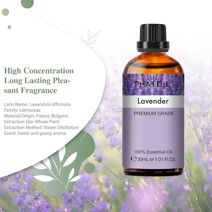 Lavender Essential Oil 1.01fl.oz/30ml, PHATOIL Lavender Oils Long Lasting Scents for Aromatherapy, Diffuser, DIY Soap and Candle Making