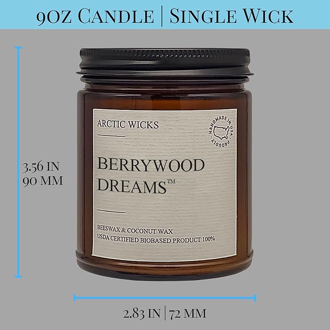 Arctic Wicks Scented Coconut Beeswax Candles | Coconut Beeswax Non Toxic Candle 9oz Amber | Farmhouse Candles Non-Toxic Clean Burn 100% USDA Certified Biobased (Berrywood Dreams)