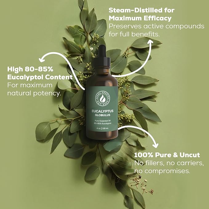 Aroma Country 100% Pure Eucalyptus Essential Oil – Organic & Undiluted Diffuser Oil, Humidifier, Steam Room & Shower Aromatherapy – Natural, Therapeutic Grade Oil for Skin, Sauna, & Home (4 Fl. oz)