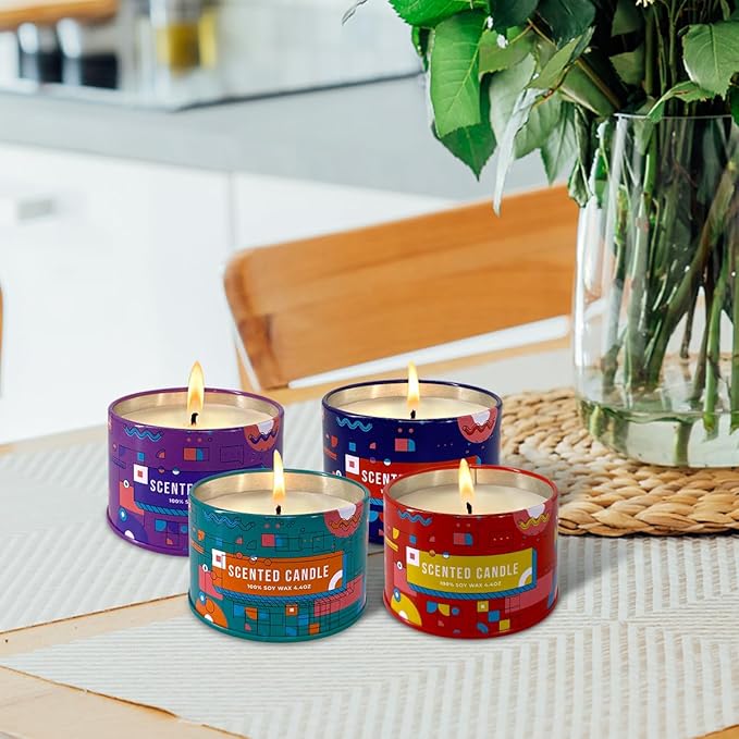 4 Pack Home Scented Candles - Strong Lavender, Apple, Red Cherries & Daisy Candle, 4.4 Oz, 100% Soy, Non-Toxic, Small Candle Set for Aromatherapy & Gifts
