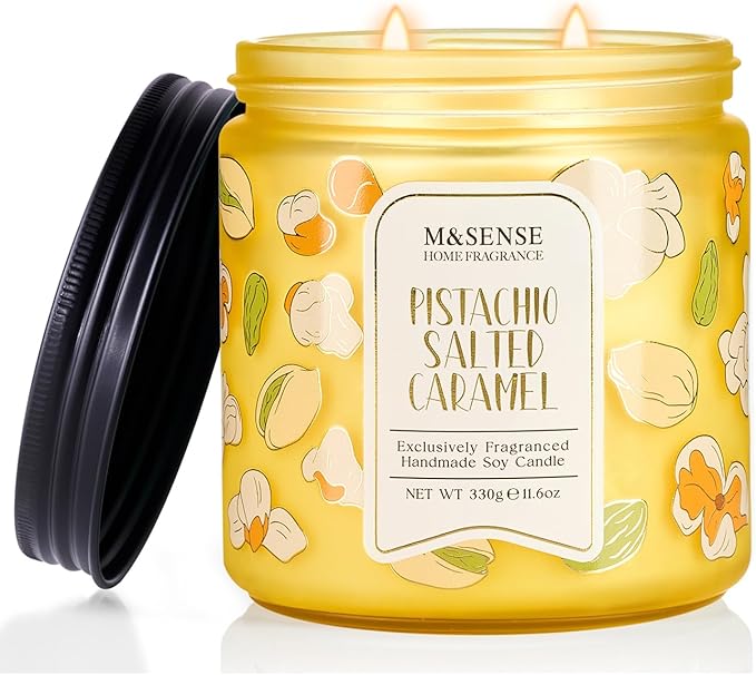 M&SENSE Pistachio Caramel Scented Candle, 11.6oz Natural Soy Wax Non Toxic, 2 Wick Jar Candle, Up to 70 Hours Clean Burn, Housewarming Gift for Women, Nutty Sweet Aroma for Home Office Comfort