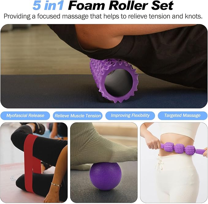 5 in 1 Foam Roller Set Trigger Point Foam Roller, Massage Roller Stick, Massage Ball, Stretching Strap for Deep Muscle Massage Pilates Yoga, Fitness Exercise for Whole Body (Purple Diamond)