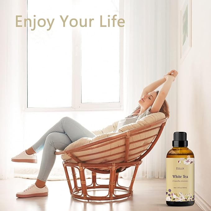 White Tea Essential Oil 100ml (3.3 Fl Oz), ESSLUX Aromatherapy Essential Oils for Diffuser, Massage, Soap, Candle Making, Home Fragrance