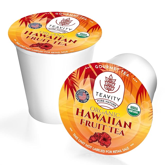 Organic Hibiscus Sabdariffa Tea Pods with Peach, Mango, & Passionfruit - Naturally Decaf Tea - Hawaiian Fruit Tea by Teavity (24 Tea Pods)