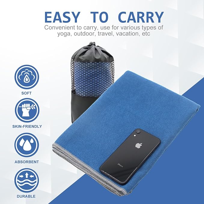 Eunzel Yoga Towel,Hot Yoga Mat Towel with Grip Dots Sweat Absorbent Non-Slip for Hot Yoga, Pilates and Workout 24" x72", Steel Blue