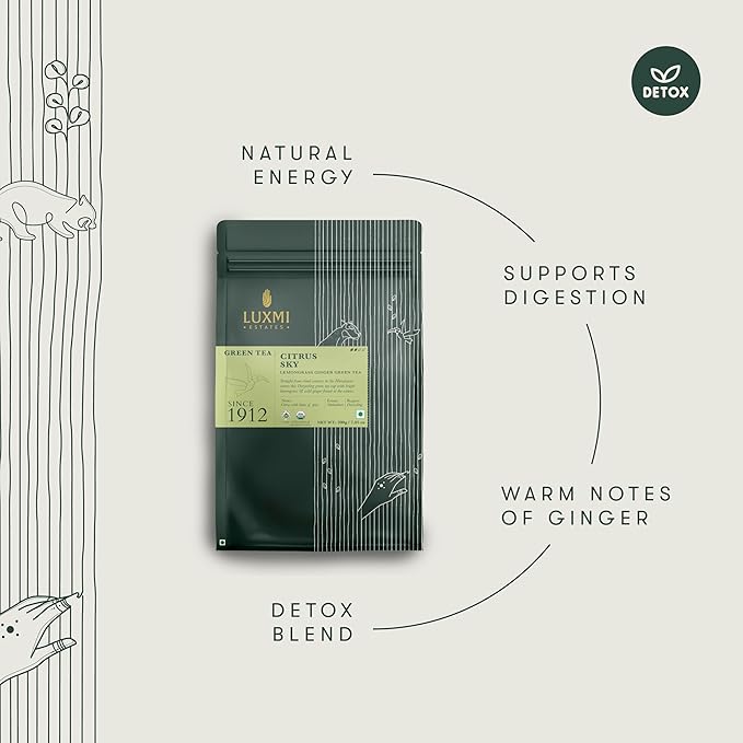 Luxmi Estates Citrus Sky Lemongrass Ginger Green Tea 200g Loose Leaf Pack | Certified Organic Darjeeling Green Tea | Citrus Flavor & Aroma | Natural Lemon Balm Tea - Calming, Supports Digestion | Lemon Grass Leaves | 100 Cups