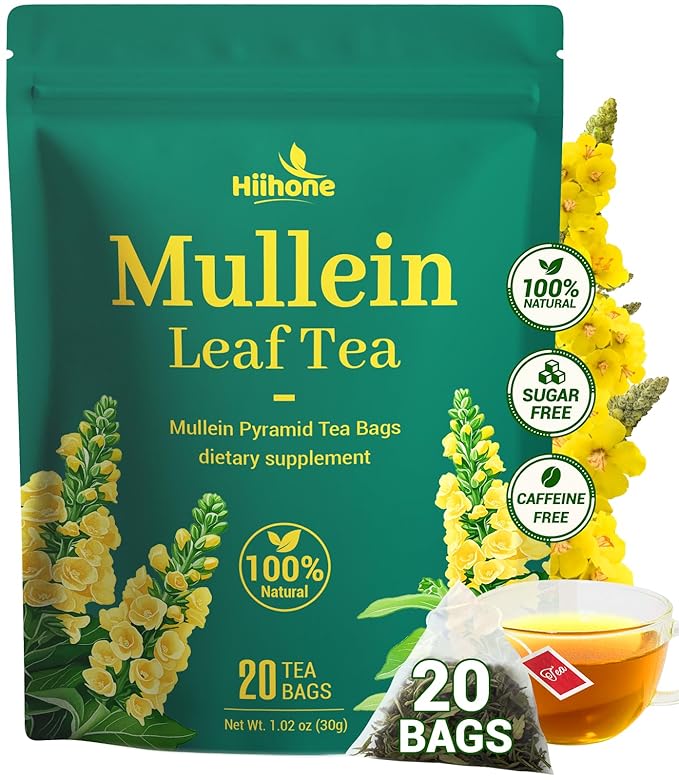 Hiihone Mullein Leaf Tea Bags for Lung Support, 20 Tea Bags, 100% Natural Herbal Tea from Mullein Leaves, Caffeine Free, No Sugar, No Additives