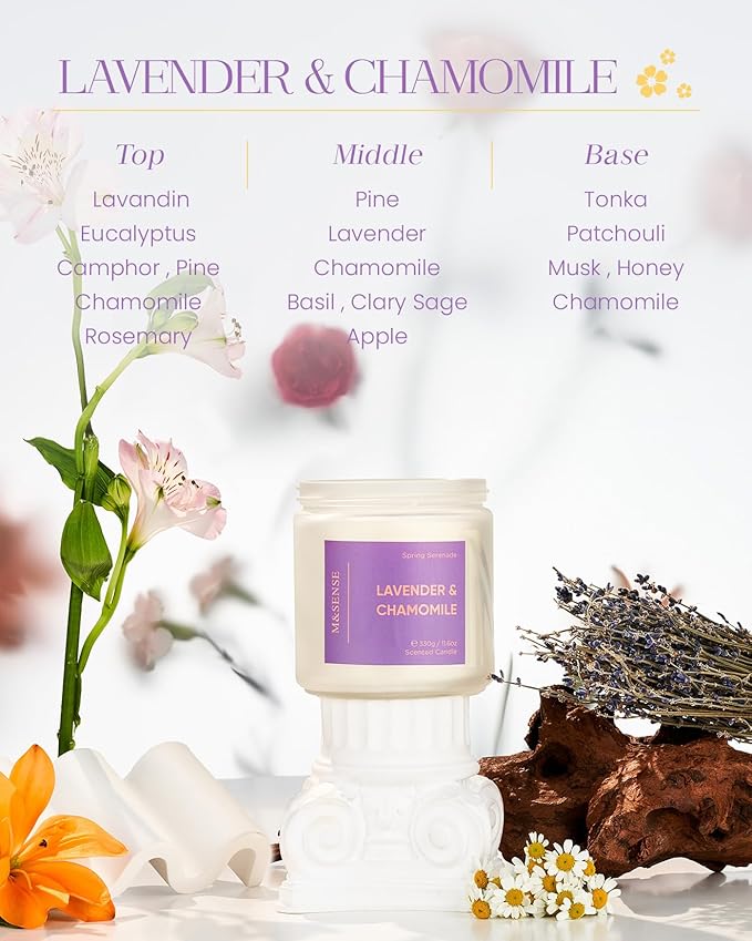 M&SENSE Lavender Chamomile Scented Candle - 11.6oz 70 Hours Natural Soy Wax Non Toxic Aromatherapy Candle for Yoga Spa Stress Relief Gifts for Mothers Day Mom & Relaxing
