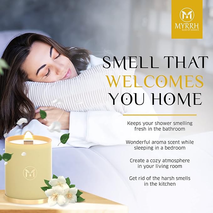 MyrrhUSA Arabian Jasmine Scented Candle – 15oz Natural Soy Wax with Crackling Wooden Wick & Essential Oil | 80 Hour Burn | Luxury Aromatherapy Candle for Relaxation, Home Décor, Living Room & Bathroom