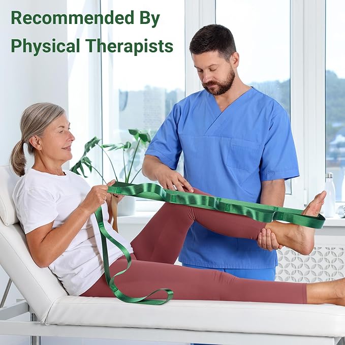 Kiemeu Stretch Strap With Loops For Physical Therapy, Yoga Straps For Stretching With Loops, Non-elastic Leg Straps For Knee Rehab, 8 ft Long x 1.2 inch Wide