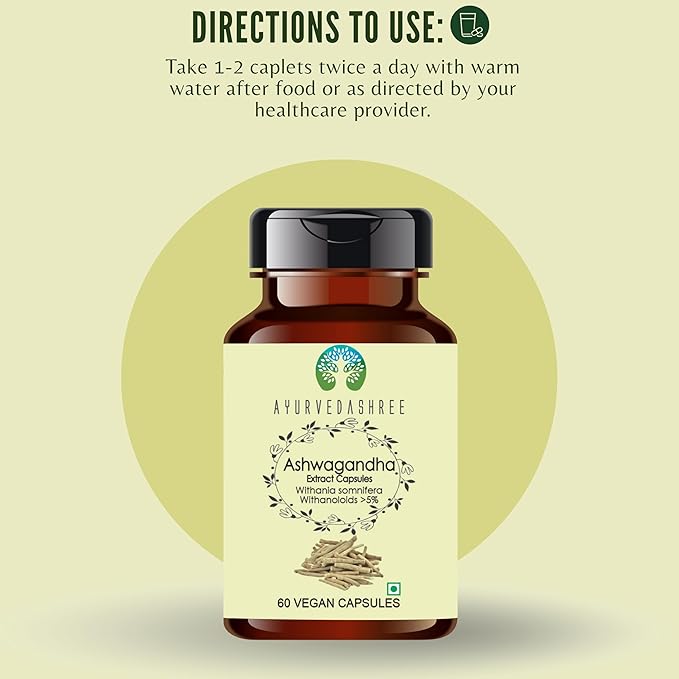 Ashwagandha Root Extract 500mg - 60 Vegetarian Capsules | Withania Somnifera Withanoloids | All Natural | 100% Vegan | Gluten-Free.
