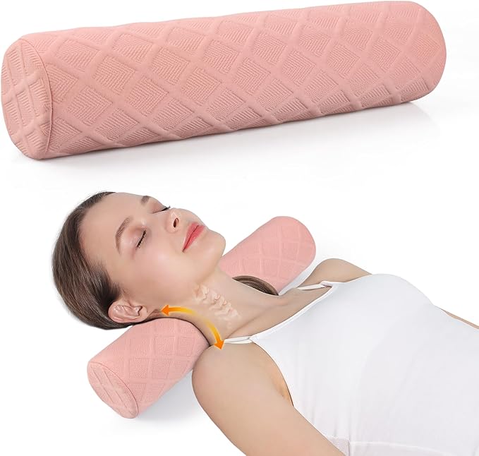 Cozyhealth Cervical Roll Pillow, Medium Soft Memory Foam Neck Round Pillow Cylinder Bolster Pillow for Sleeping, Round Neck Support for Bed, Legs, Back and Yoga (Pink, Medium - 3.9" H)