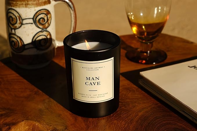 | Masculine Aromas | Small Batch | Soy Wax | 40 Hours | Scented Mens Candles with Natural Essential Oils | Vegan (Man Cave)