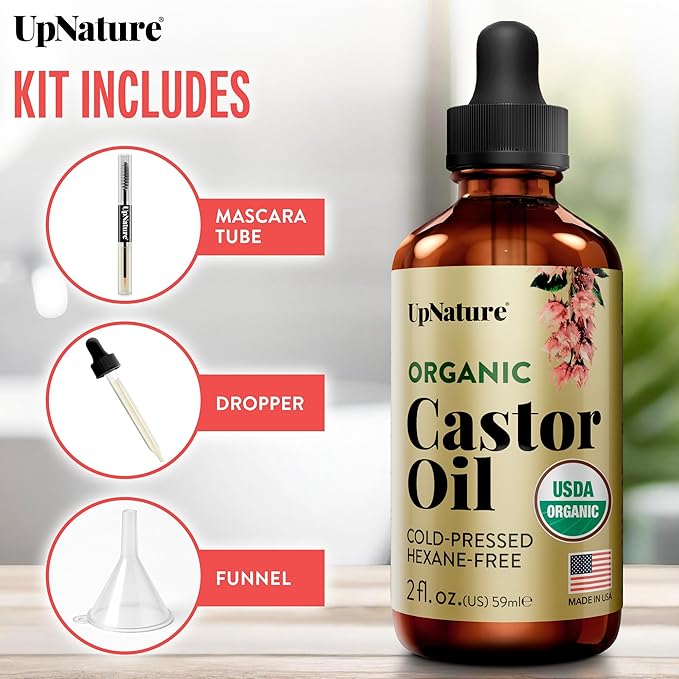 UpNature Organic Castor Oil Lash Serum for Eyelashes and Eyebrows Growth - 100% Pure Cold Pressed Hexane-Free (2oz Glass Bottle)