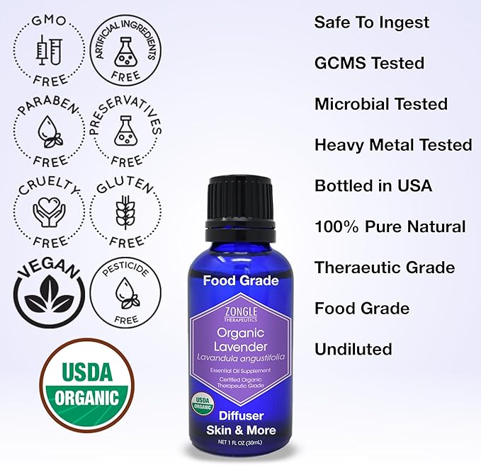 Organic, Lavender Essential Oil, Food Grade, for Drinks, Skin, Hair – 100% Pure, Lavender Oil, by Zongle Therapeutics, 1 OZ