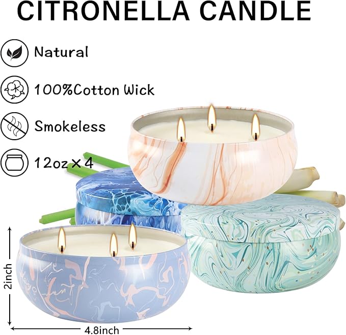 Set of 4 Triple Wick Marble-Style Citronella Scented Candles - Perfect Decoration for Home & Spa