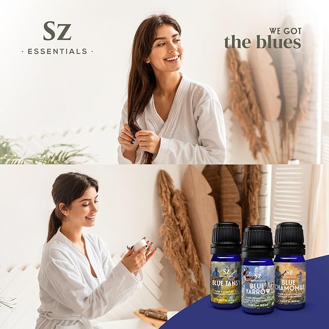 – “We Got The Blues” Essential Oils Set – Blue Tansy, Yarrow & German Chamomile – 3 x 6.5ml Bottles – 100% Pure, Natural, Undiluted – Therapeutic Grade & Vegan