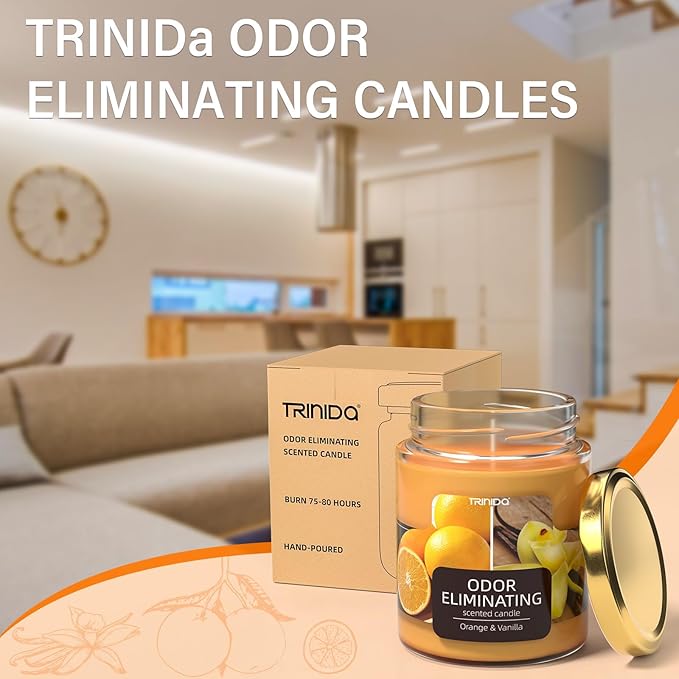 TRINIDa Orange & Vanilla Odor Eliminating Candles for Home Scented, Eliminates 99% of Pet, Smoke, Food and Other Smells Quickly, Highly Fragranced Candle, Premium Soy Candles Set for Women