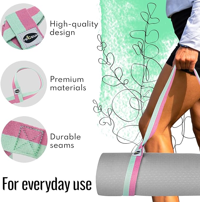 TECEUM Yoga Mat Strap – 30+ Colors – Adjustable Mat Holder Sling Carrier for All Mats [Mat Not Included]