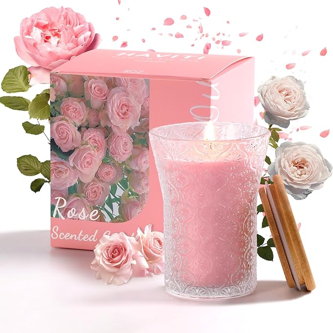 Rose Scented Candle, Soy Jar Candles Gift for Women,8 OZ Aromatherapy Pink Candles for Galentines Valentines Mother's Day, Home Decor