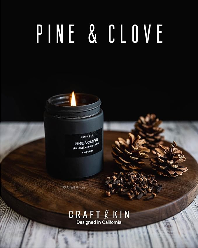 Craft & Kin Premium Pine & Clove Candle | Black Christmas Scented Candles for Home | Christmas Tree Candle | Long Lasting with 45 Hour Burn Time, 7.6oz | Soy Holiday Candles | Aromatherapy at Home