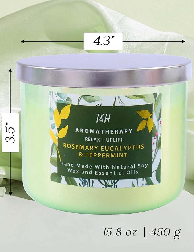 Rosemary Eucalyptus Peppermint 3-Wick Soy Candle 15.8 oz | Large Stress Relief Eucalyptus Candle for Home | Aromatherapy Relaxation Candles for Men & Women | Highly Scented, Long-Lasting Clean Burn
