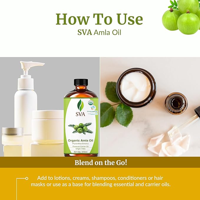 SVA Amla Oil Organic - 16 Fl Oz – 100% Natural Cold Pressed Organic Amla - for Face, Skin Care, Hair Care, Scalp Massage & Body Massage – Carrier Oil