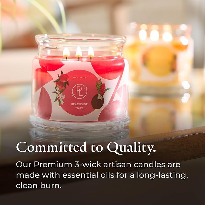 PartyLite Beachside Tiare Scented, Notes of Gardenia, Coconut, Red Hibiscus, Peach & Ylang Ylang, 13.2oz 3-Wick Jar Candle, 45 Hour Burn Time, Luxurious Fragrance, Ideal for Gifting
